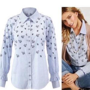 Cabi S Whitney Blue White Floral Striped Collared Button Down Style 5368